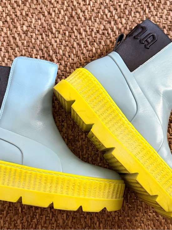 Puma Fenty Shoes - Women'sPuma Fenty Light Blue Creeper Chelsea Booties with Yellow Lug Sole